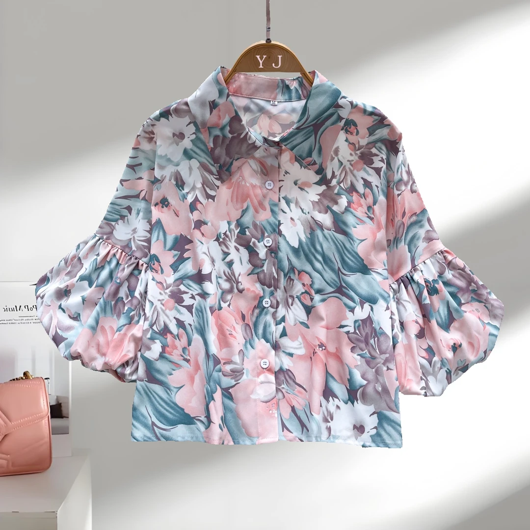 复古名媛风印花泡泡袖衬衫女夏季Polo领短款宽松小个子绝美上衣潮