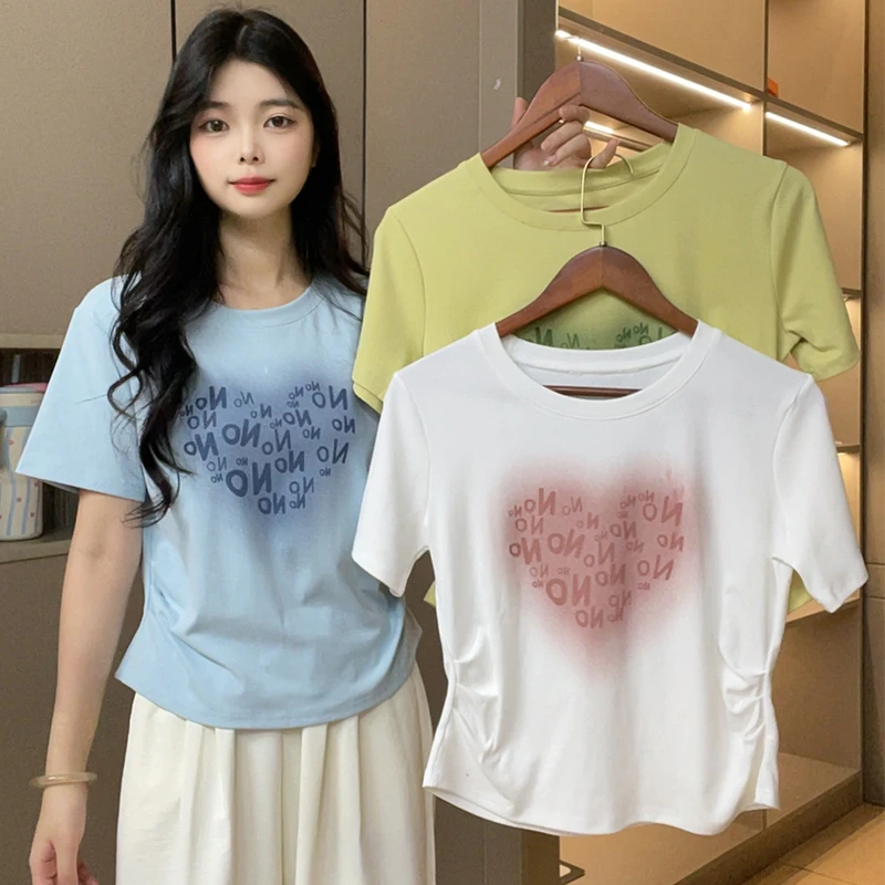 撞色字母爱心印花短袖T恤女夏季新款洋气百搭时尚设计感上衣