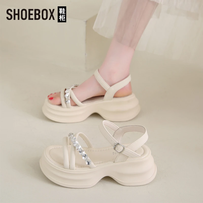 SHOEBOX鞋柜法式气质凉鞋女2025新款水钻一字带罗马凉鞋增高凉拖