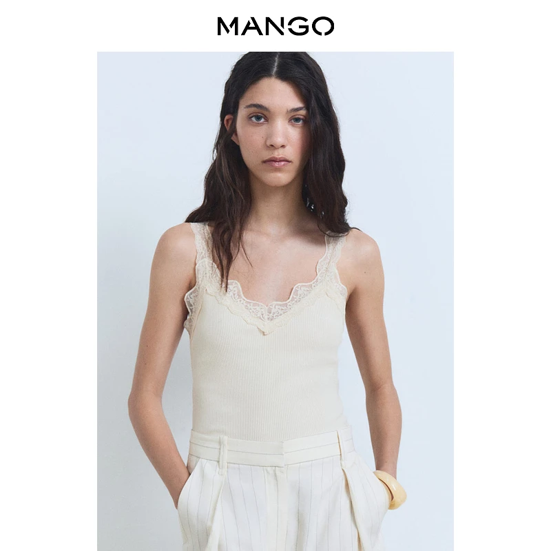 MANGO女装吊带背心2025款棉质修身蕾丝领口无袖针织背心87089209