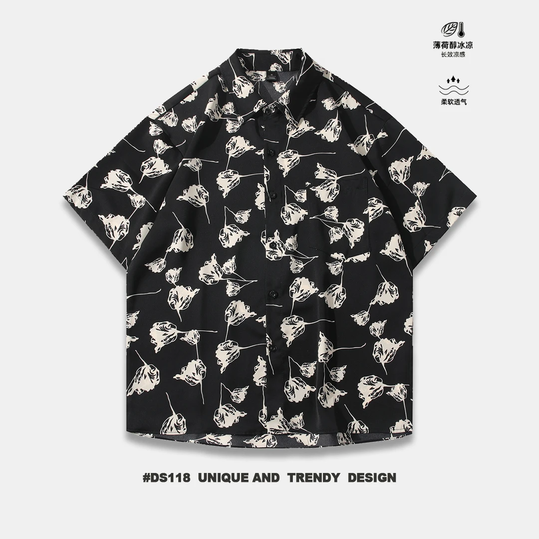 冰丝痞帅凉感男士短袖衬衣港风度假花卉衬衫夏季情侣ins宽松上衣