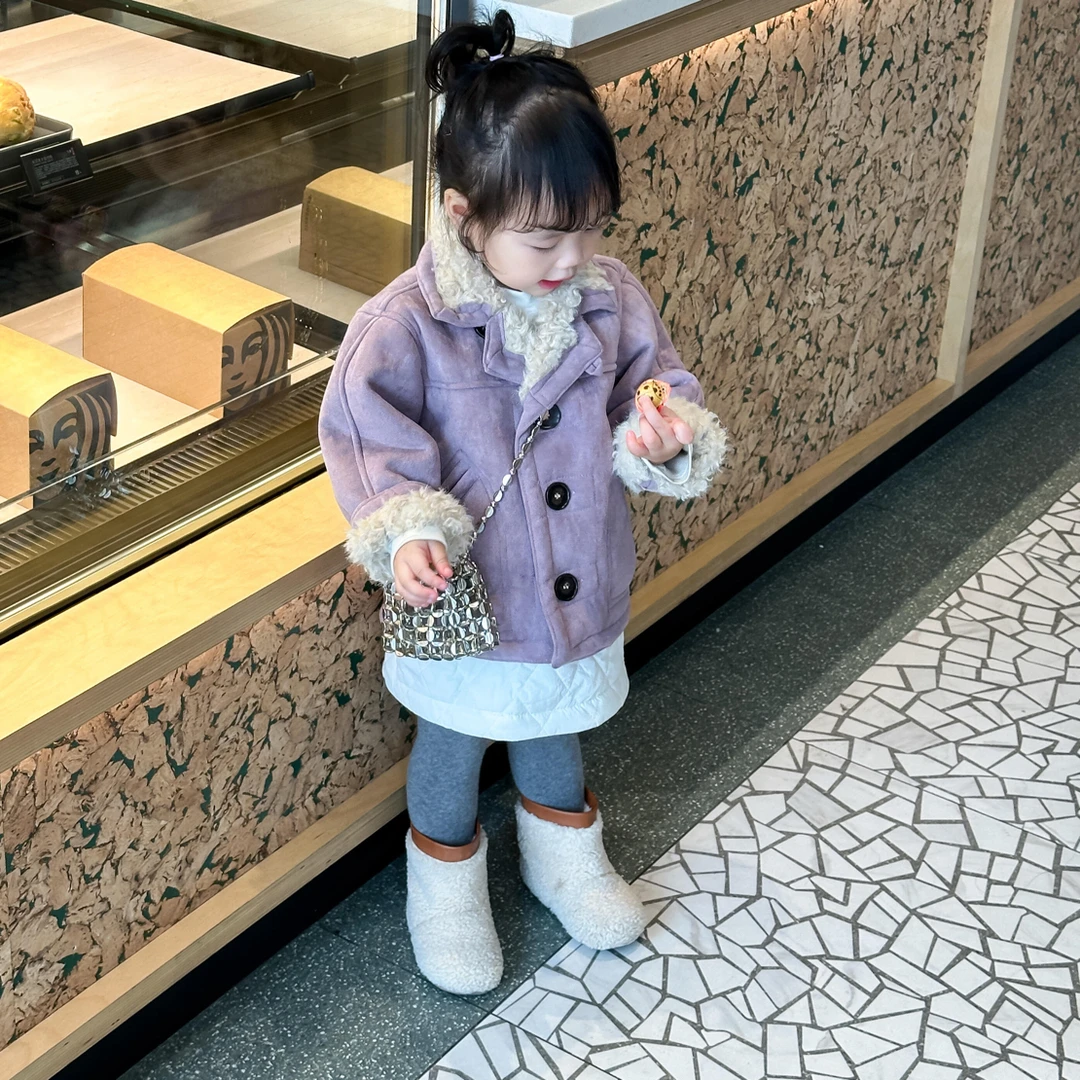 小思家女童2025冬季新款韩版麂皮绒外套白色夹棉半身裙套装