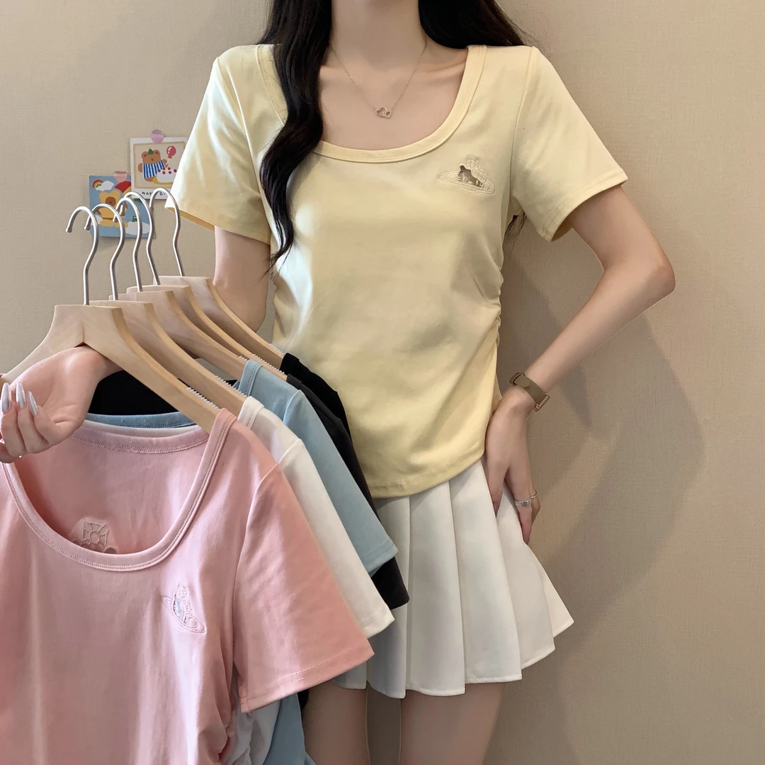 【6601桃】大码女装胖mm夏设计感欧若风显瘦刺绣纯色短袖T恤上衣