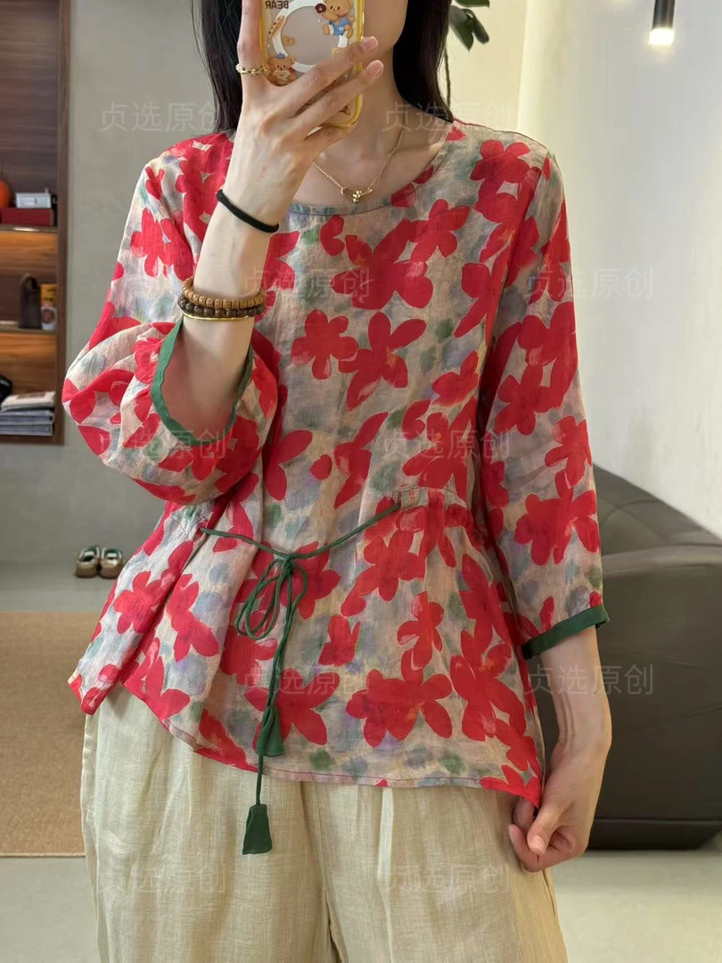 D162-夏季新款文艺碎花系带圆领宽松衬衫女