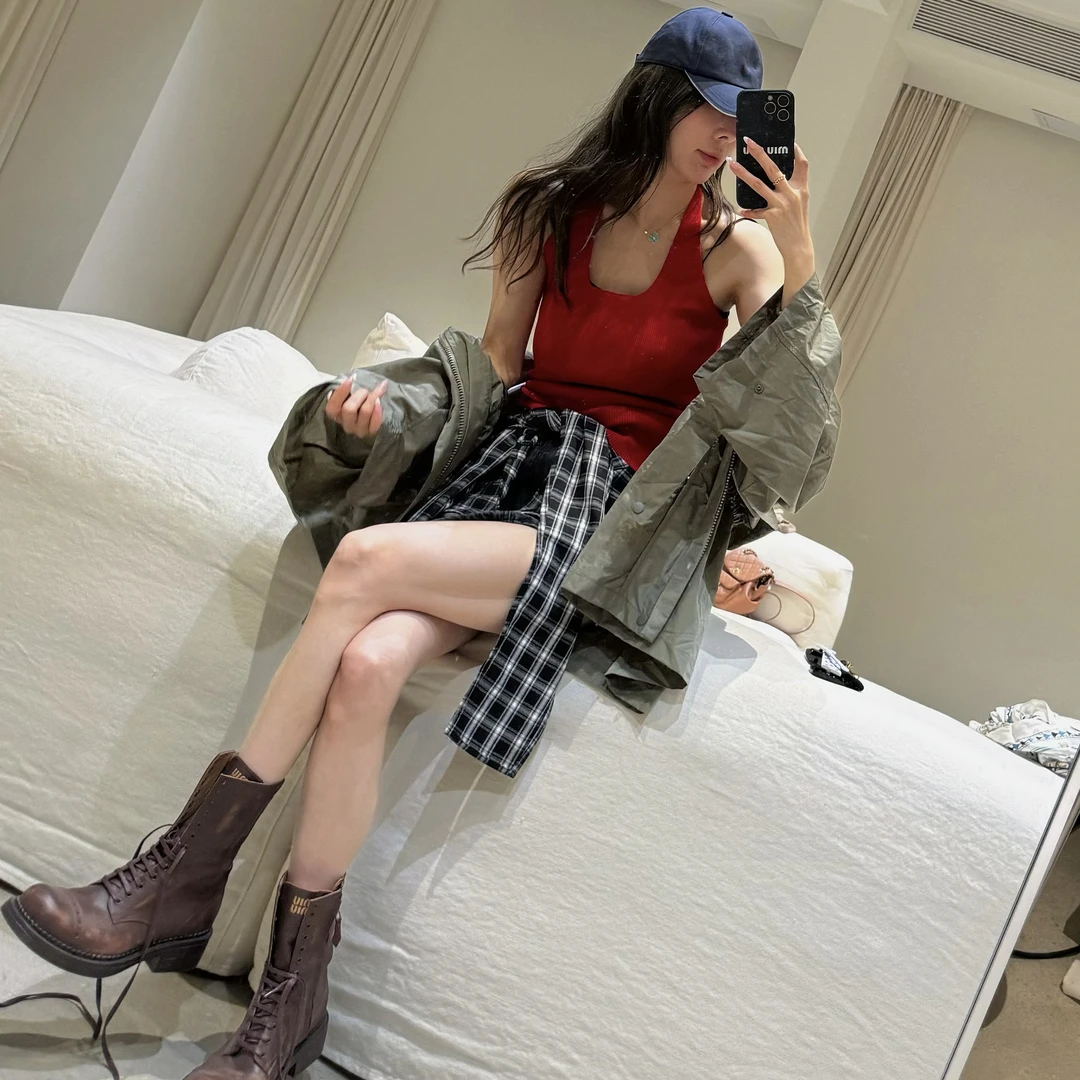 IU INC 2025夏季薄款两件格子短裙显瘦高腰A字牛仔半身裙