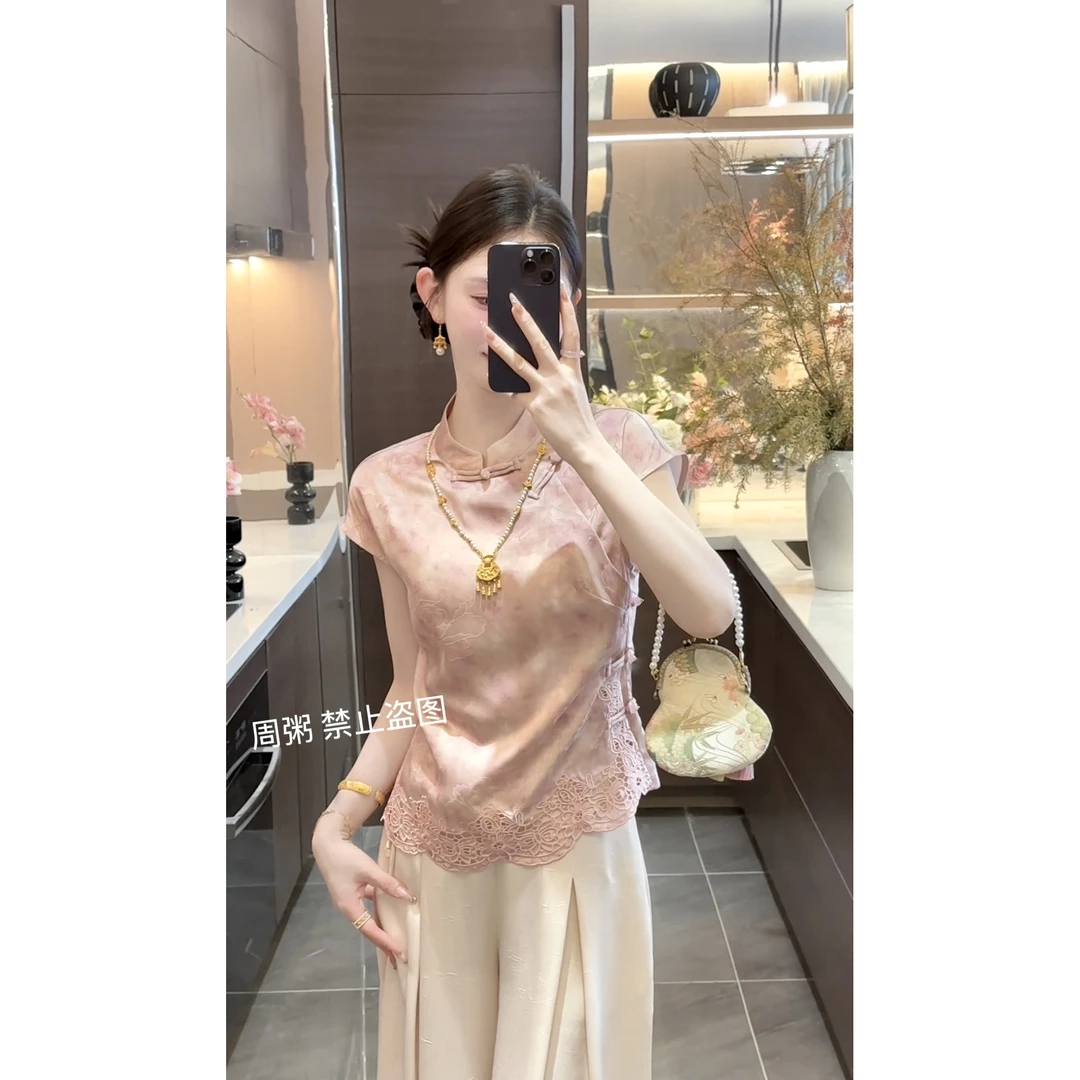 【周粥】【南桑】2025新款新中式温柔风气质蕾丝印染上衣预JJX5SY3443