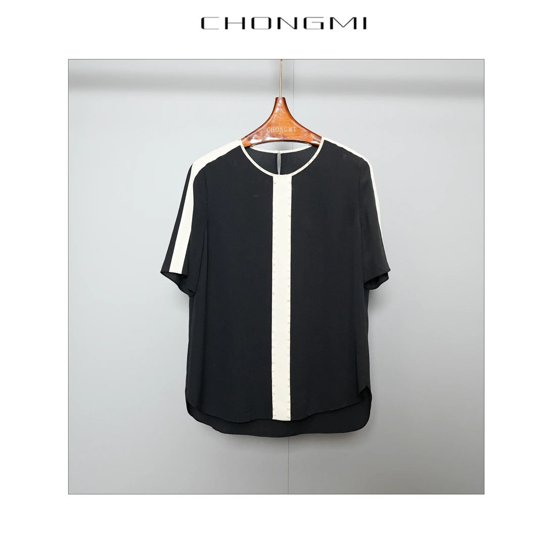 【双绉真丝】黑色撞杏色圆领桑蚕丝衬衫女2025夏季百搭潮流上衣W