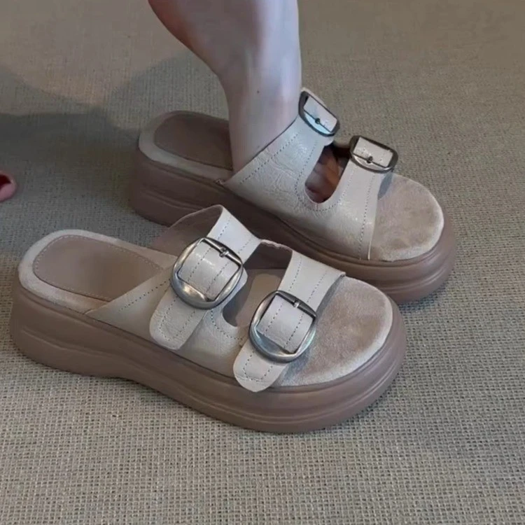 软皮厚底拖鞋女外穿不累脚高级感绝美百搭夏天配裙子勃肯凉拖鞋