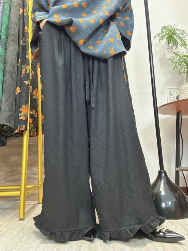 香云纱花边裤100桑蚕丝提花时尚减龄重磅提花