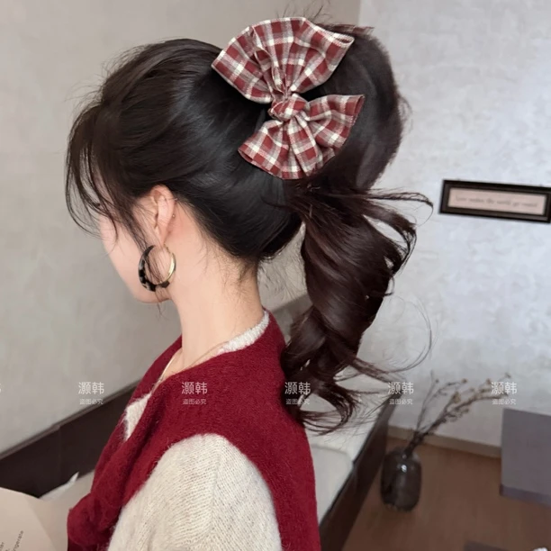 红装素裹～秋冬新款格子不规则弧面蝴蝶结香蕉夹韩系高马尾头饰
