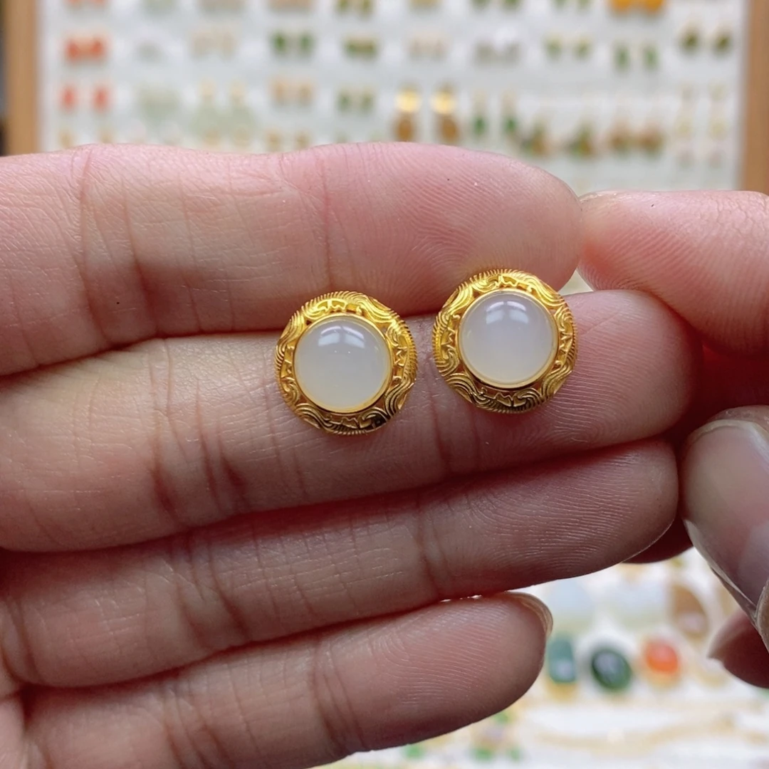 和田玉银S925镶嵌耳饰