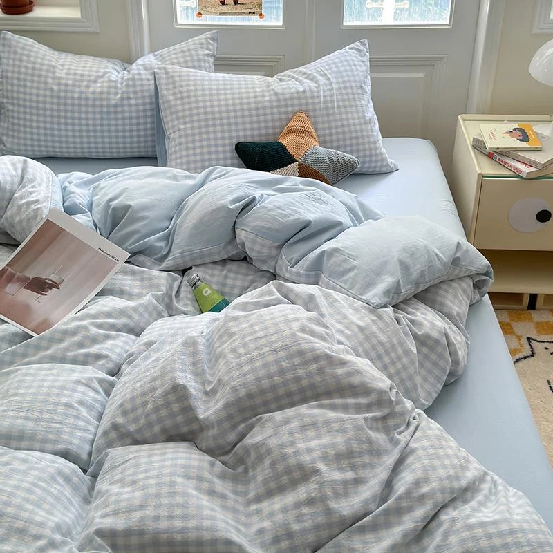 水星官网家纺蓝色小格子纯棉床上四件套2025新款被套床单人学生宿