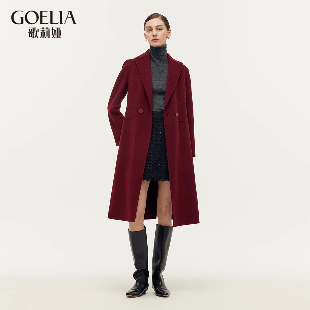 歌莉娅羊绒羊毛收腰长款毛呢大衣冬季红色1BDL6N1JC