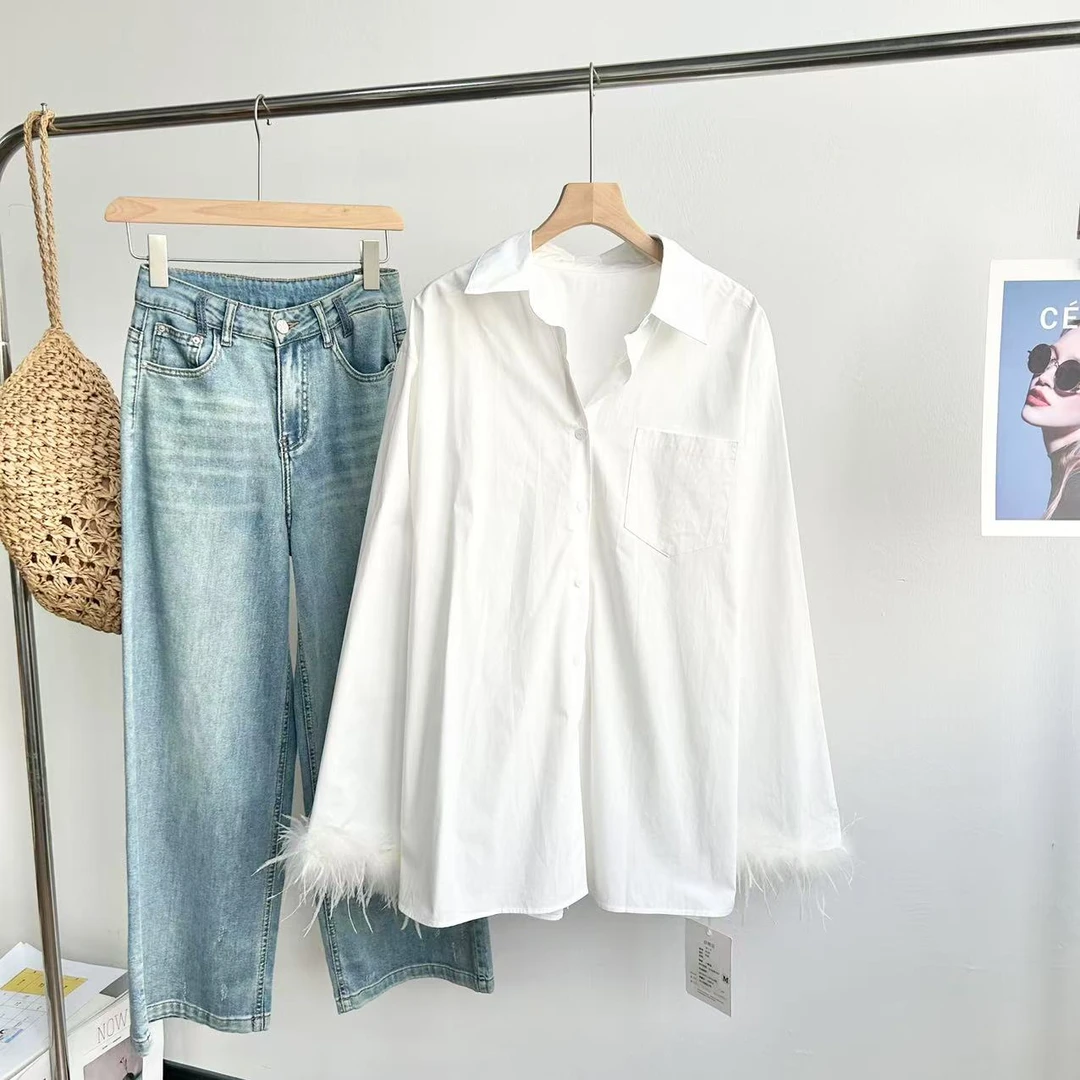 小静折扣~HZ978 袖口带羽毛慵懒风中长款衬衫（衣长76（90-140斤）