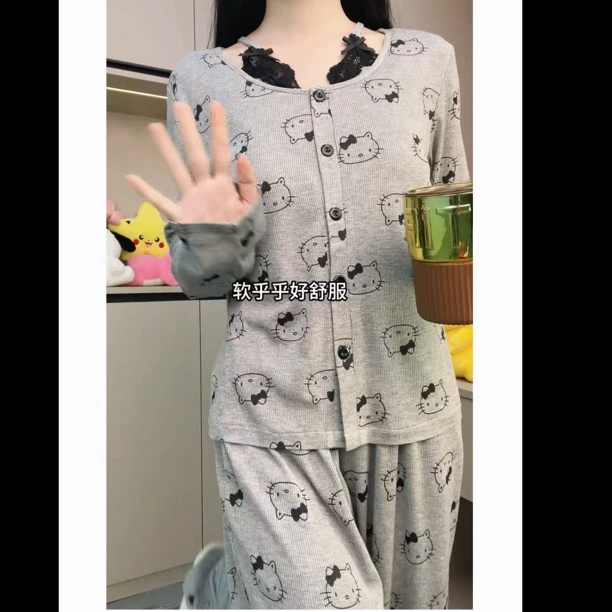 新年气质灰色带胸垫睡衣女款甜美风春秋季家居服套装