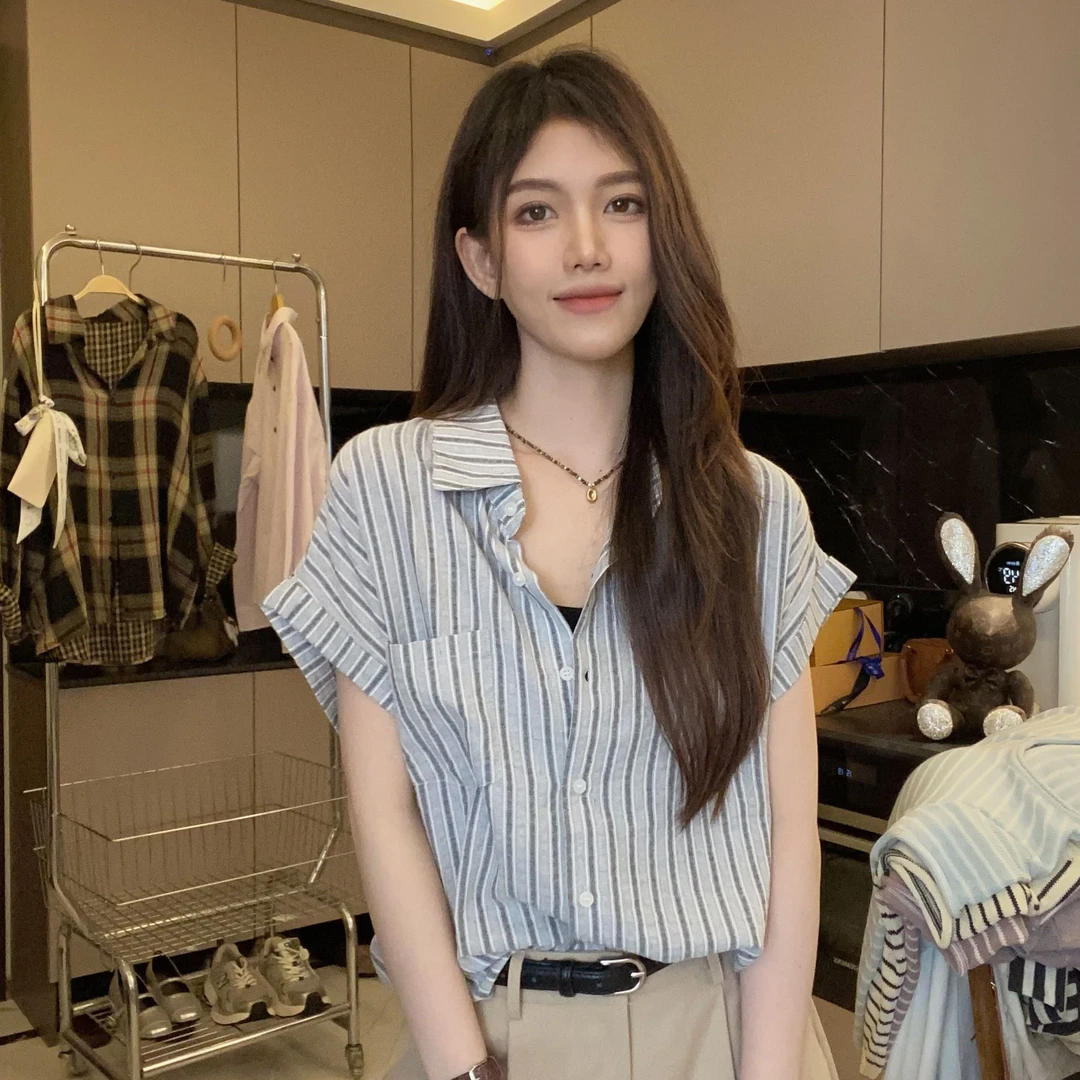 条纹短袖衬衫女宽松百搭韩版坎肩袖上衣