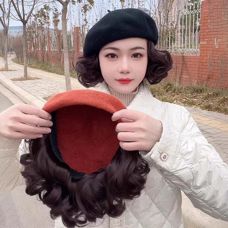 假发帽秋冬新款贝雷帽短卷发帽子假发一体女全头套时尚洋气妈妈款