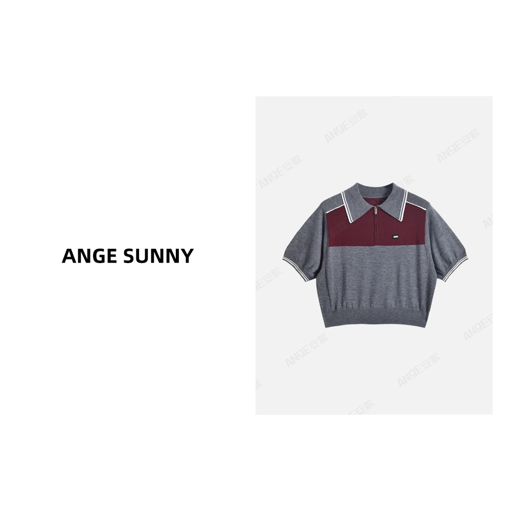ANGE SUNNY【徽标撞色针织衫】时尚新款 字母徽标翻领短袖上衣