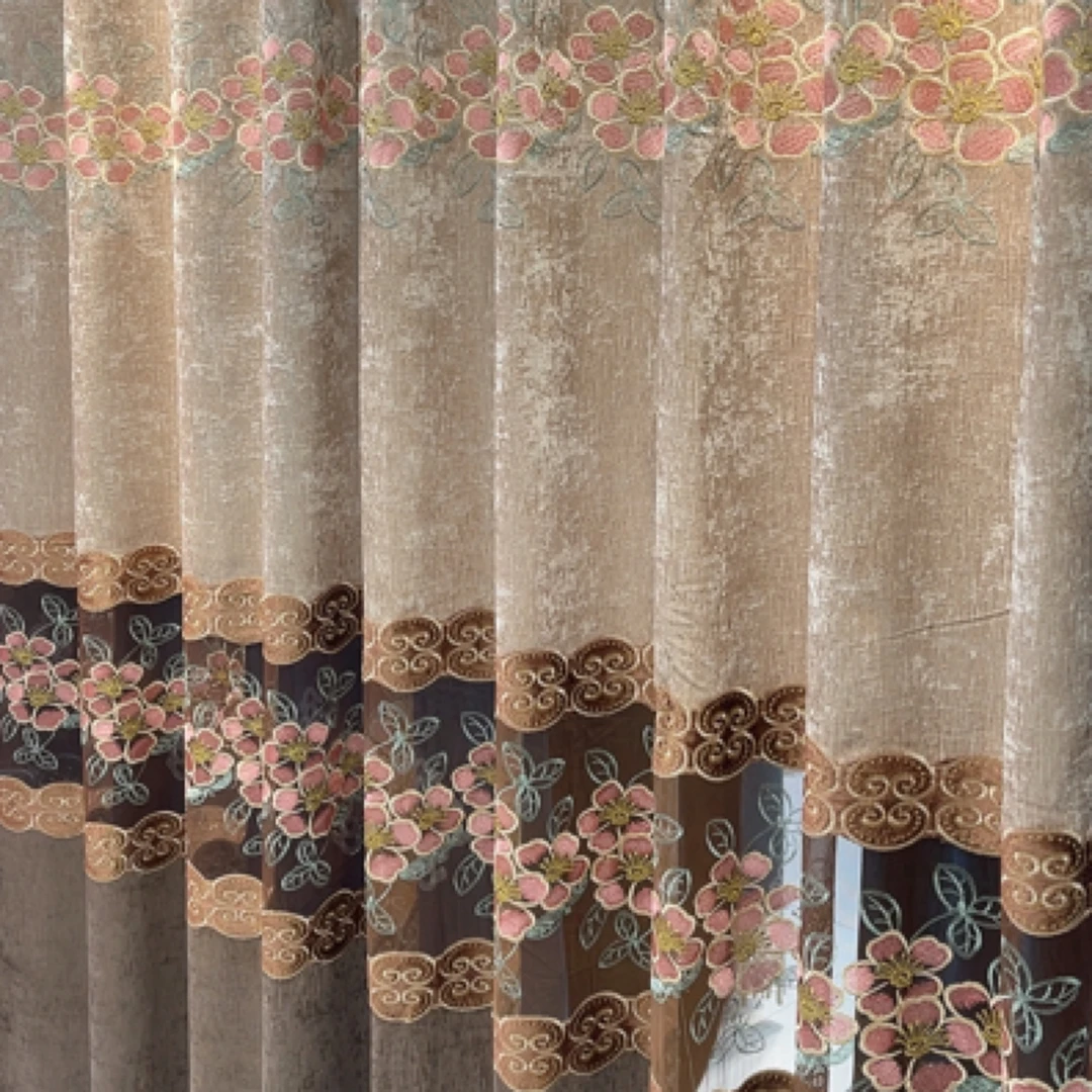 咖色雪尼尔面料镂空刺绣窗帘中式高档客厅布艺