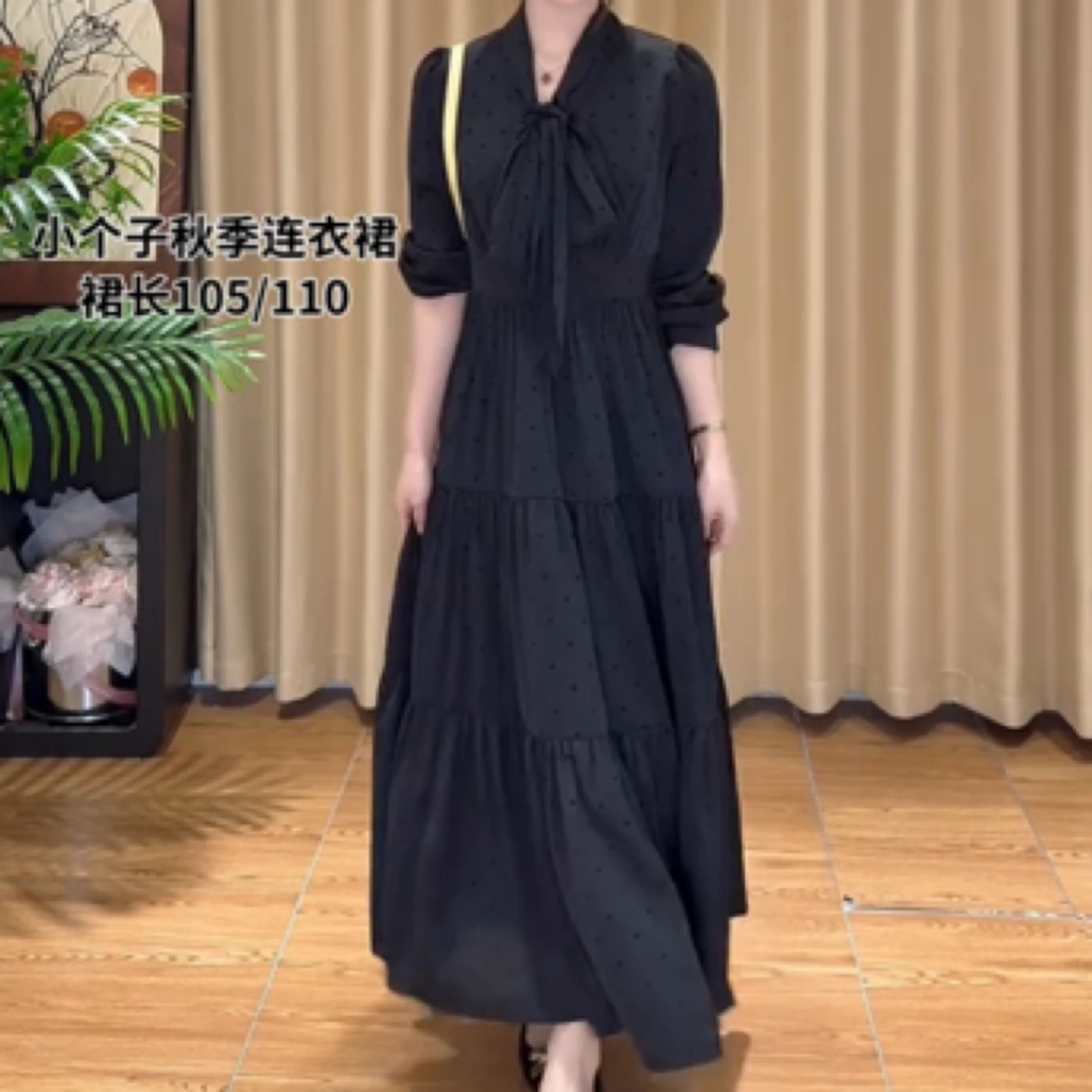 小个子秋冬植绒波点领节蝴蝶结连衣裙