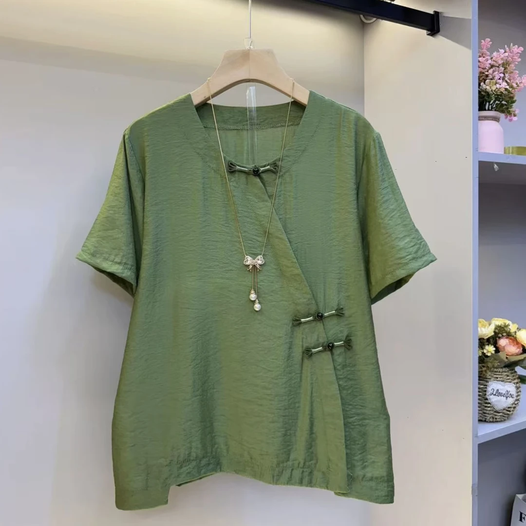 拼接短袖夏季盘扣薄款开衫T恤时尚夏季泰式短袖