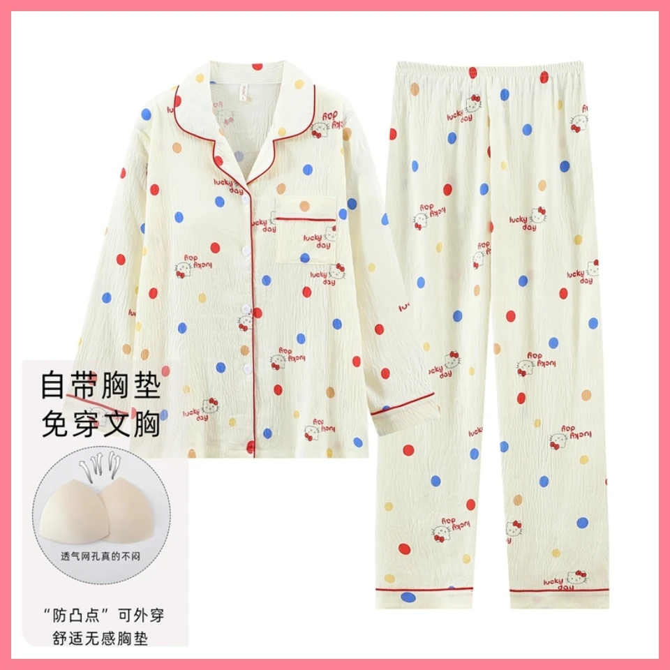 女式翻领长袖款带胸垫睡衣女春秋季家居服套装