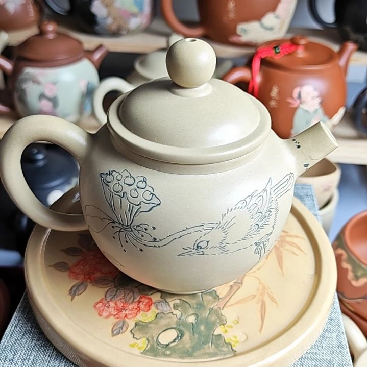 建水紫陶青花刻填复烧茶壶全品8号200cc