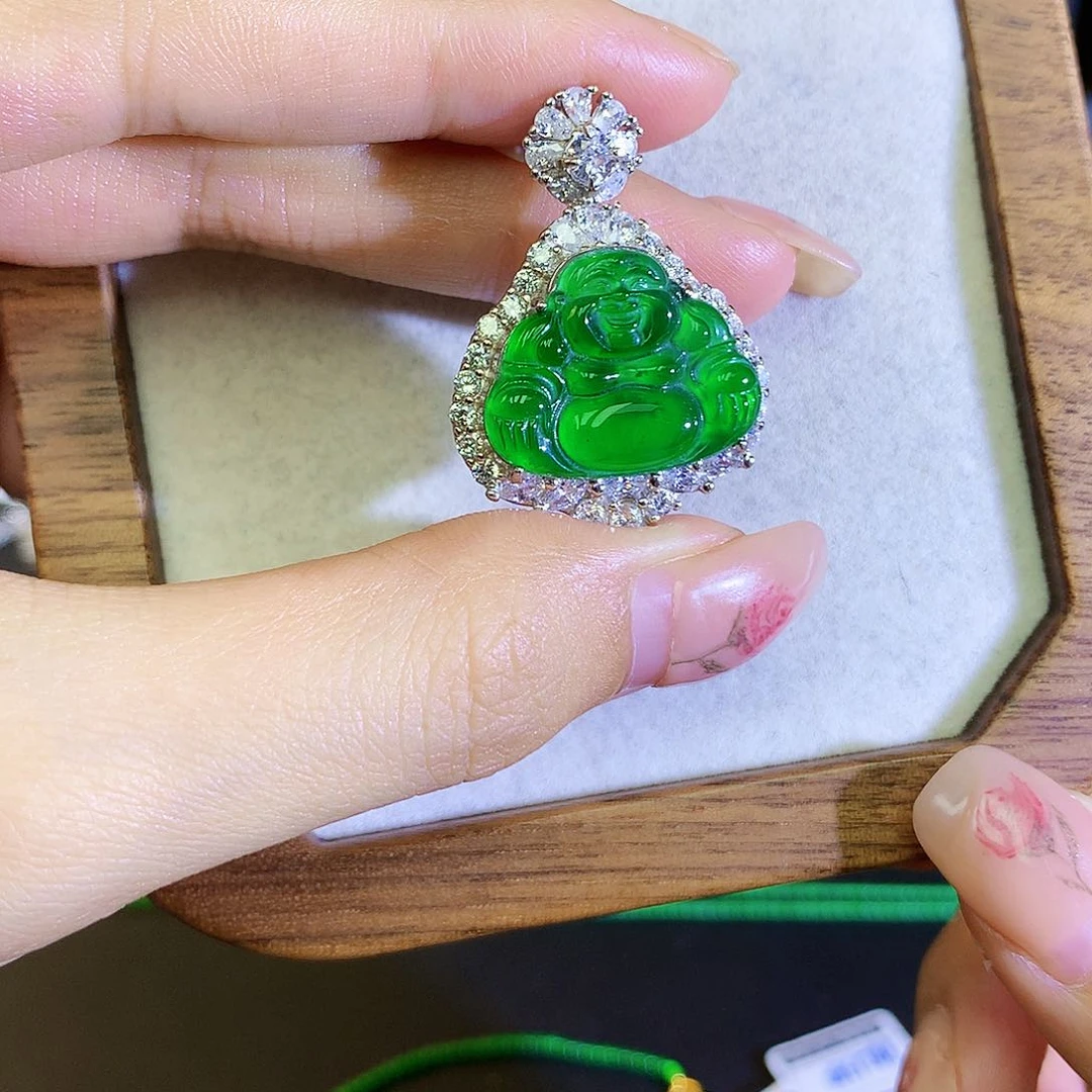 翡翠颈饰银S925镶嵌天然翡翠佛公