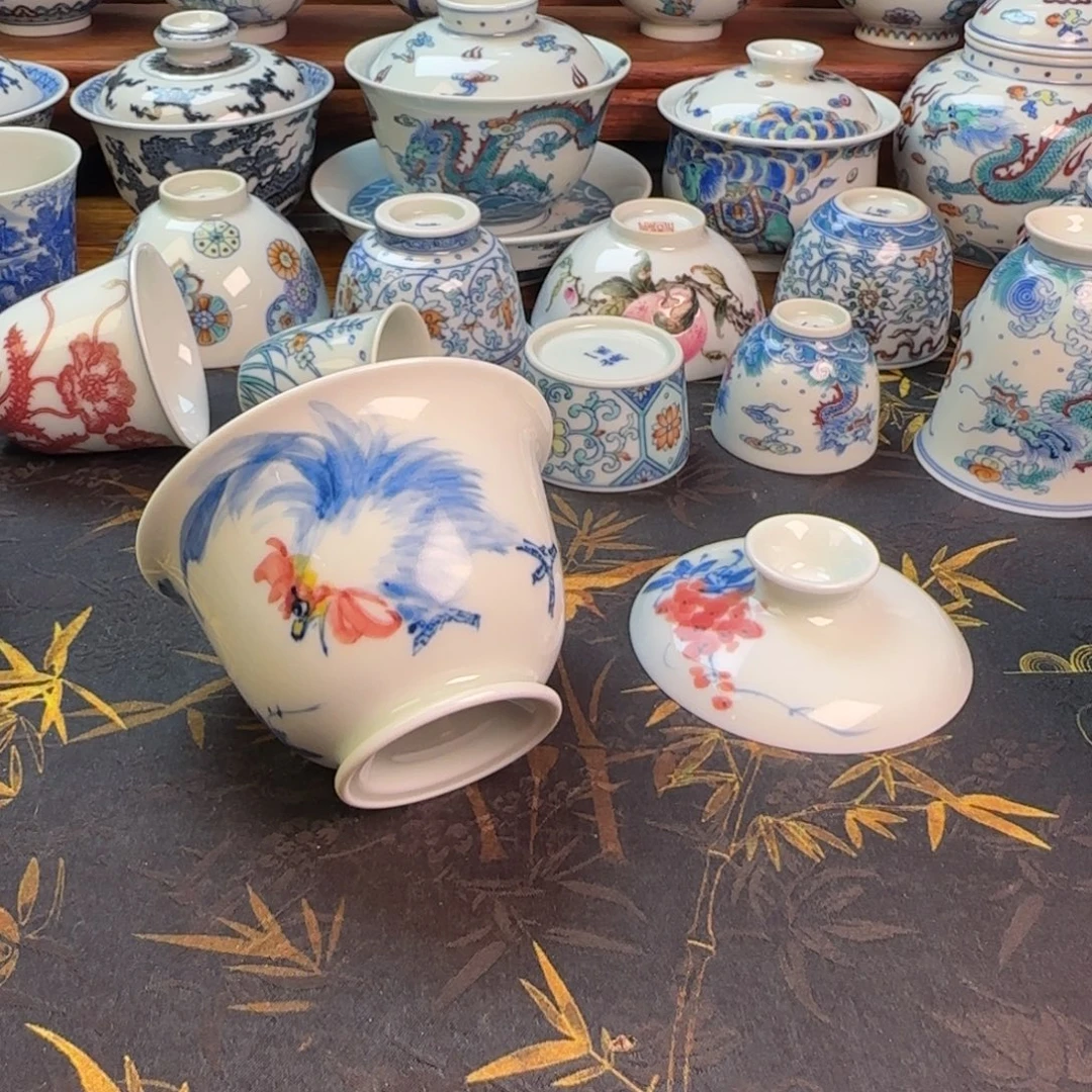 国画风岩茶小盖碗