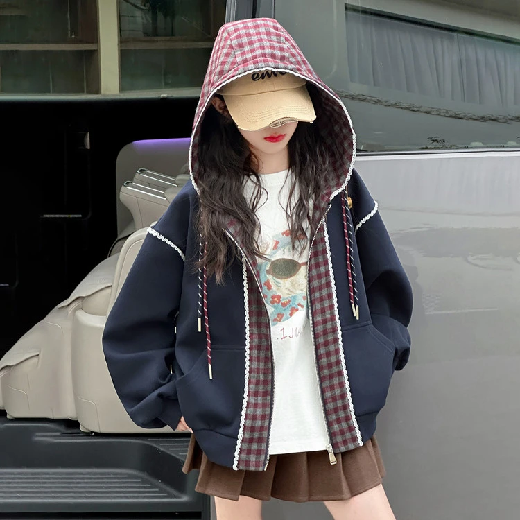 中大童8-15岁女童装儿童卫衣女童外套秋季外穿格子宽松洋气学院风
