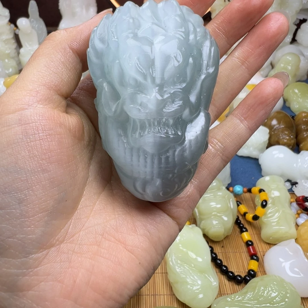 石材华*哥手工雕刻猫眼蓝色龙头