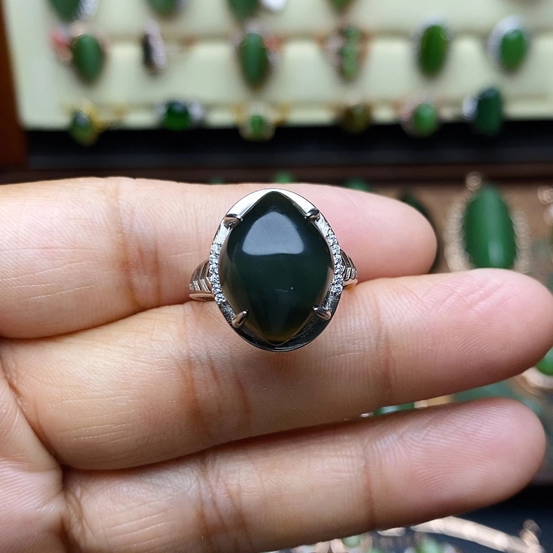 和田玉（碧玉）银S925镶嵌吊坠(不含链)戒指