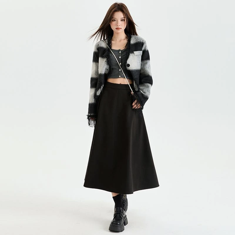 KRO秋冬新款时尚高腰显瘦百褶A字裙毛呢半身裙修身中长款裤子女