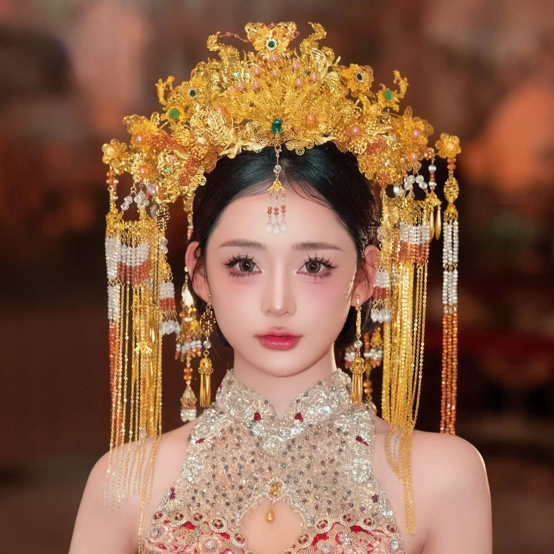 金色奢华喜字大凤冠后区中式汉服婚礼结婚配饰品秀禾龙凤褂头冠