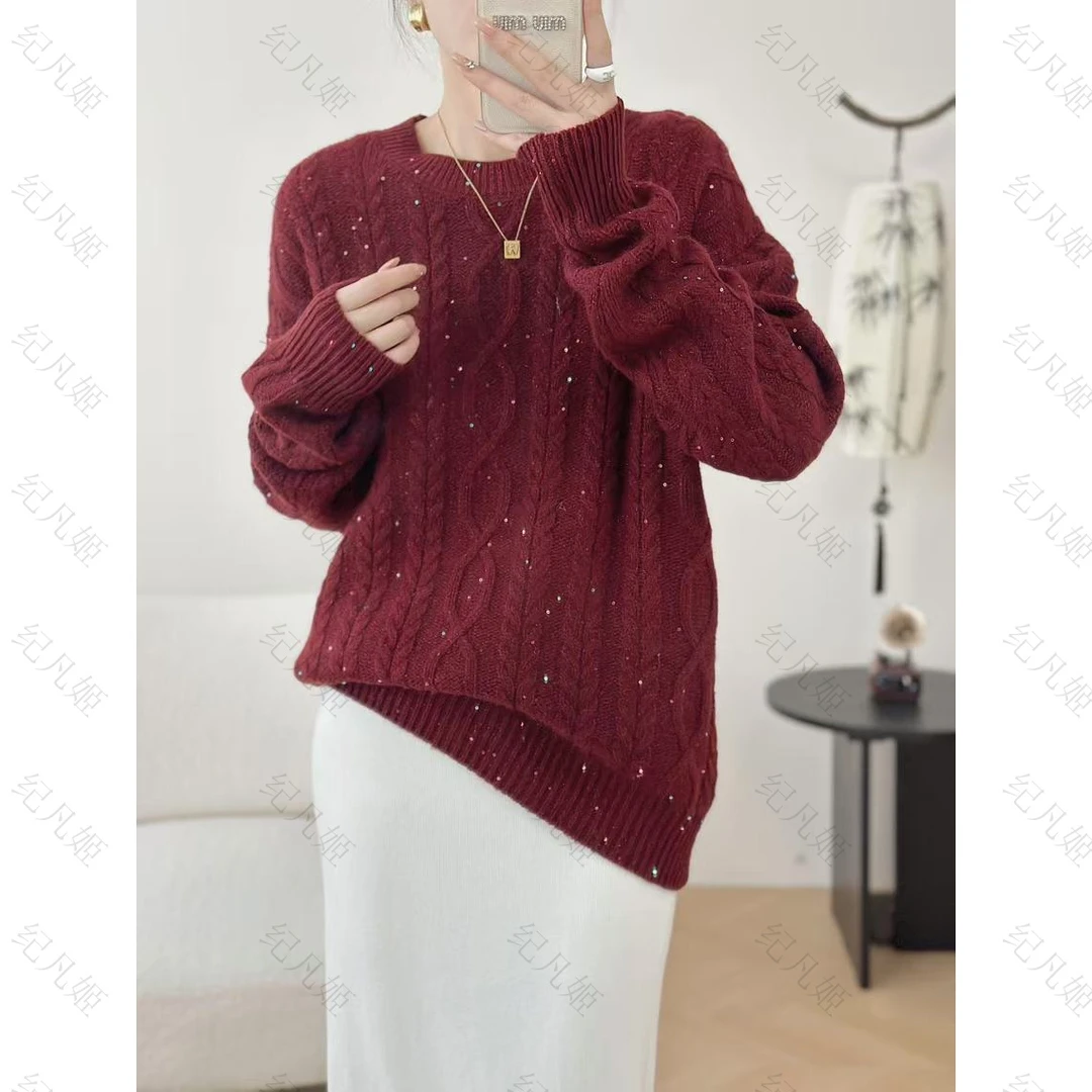 纪凡姬/-6645【花花专选】珠片阿兰花慵懒风麻花款针织羊毛衫