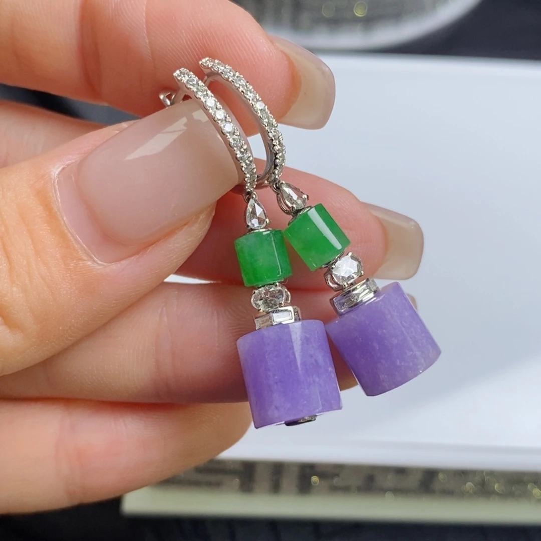 翡翠18K金镶嵌耳饰紫罗兰桶珠