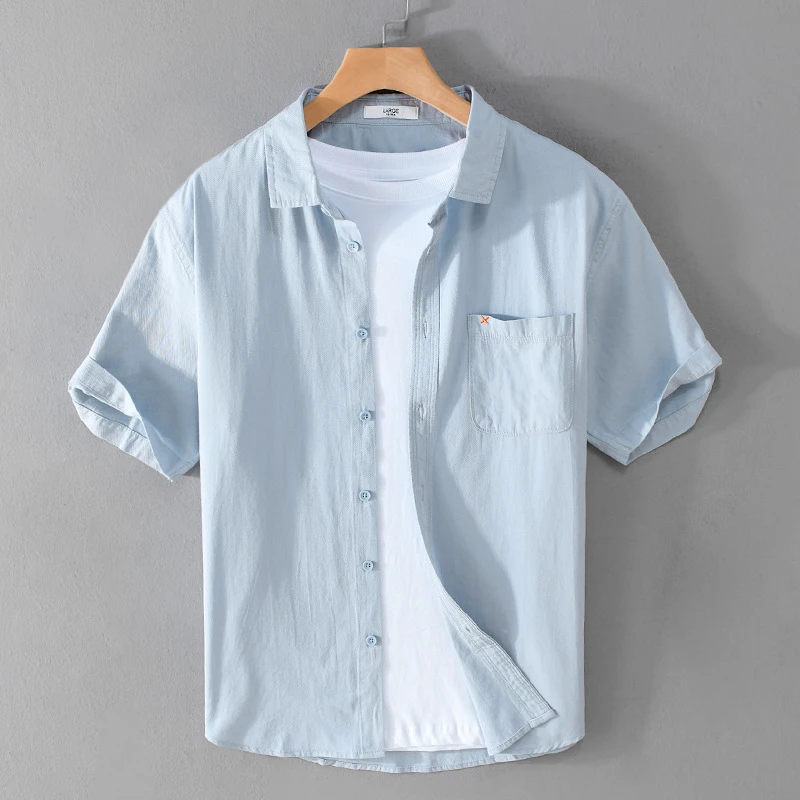 夏季纯棉轻薄衬衫男士休闲短袖百搭日系简约时尚青年潮男棉衬衣