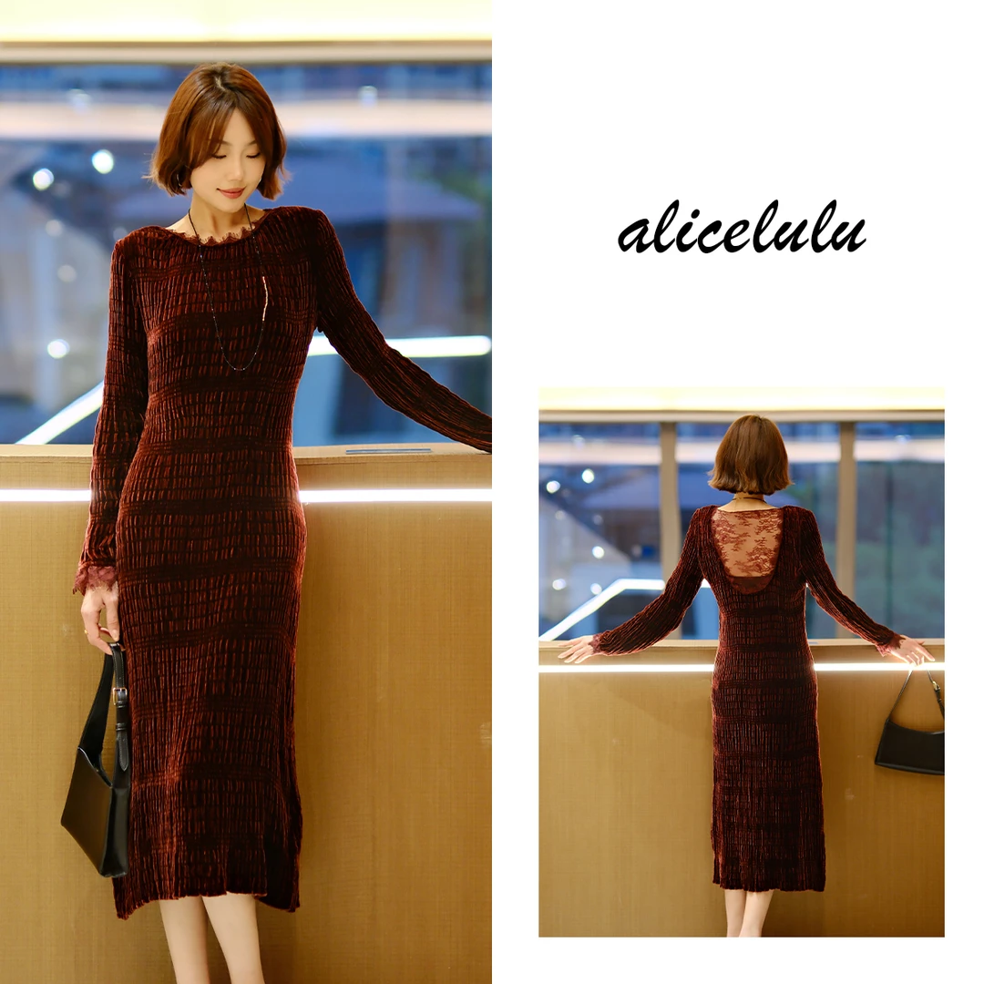 alicelulu真丝连衣裙女士贵气蕾丝拼接优雅大方 810895C