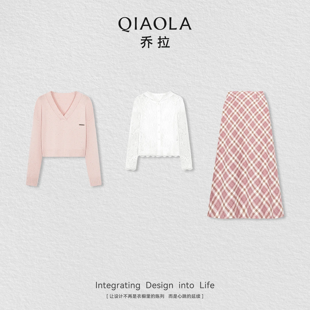 QIAOLA/乔拉【恋爱绘本】秋季羊毛半裙包芯纱毛织上衣蕾丝衫预售