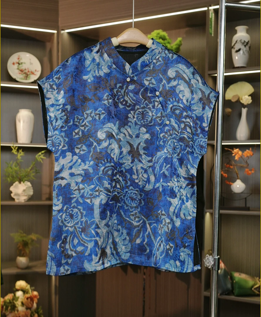 【青花瓷】2025新中式立体花箩香云纱斜襟显瘦透气宽松短袖