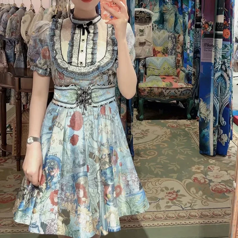 蓝色印花宫廷风重工连衣裙2024春秋新款高腰时尚显瘦气质裙子