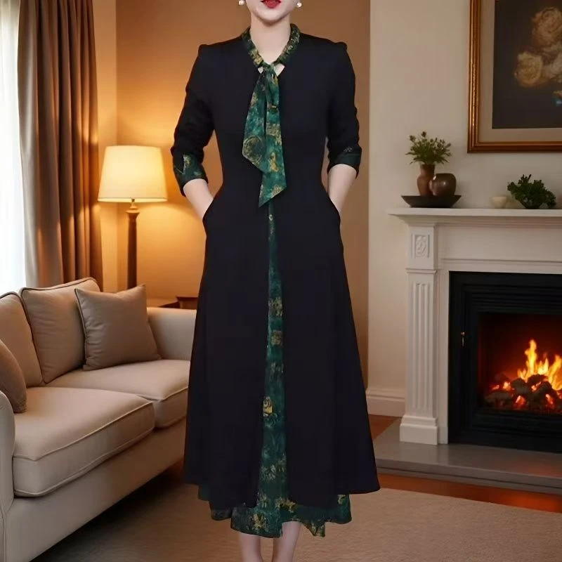 新款2025加厚时尚拼接假两件连衣裙洋气气质显瘦妈妈礼服裙子7348