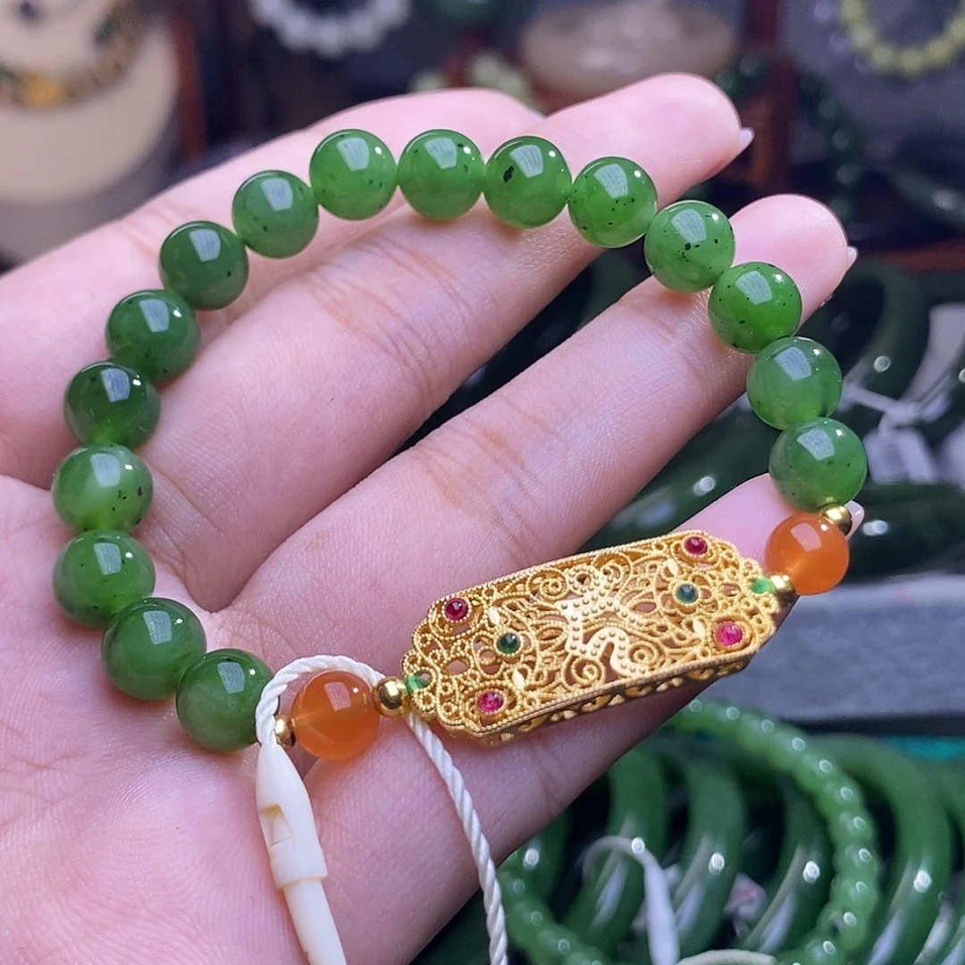 和田玉清货价碧玉辣绿手链8mm未镶嵌