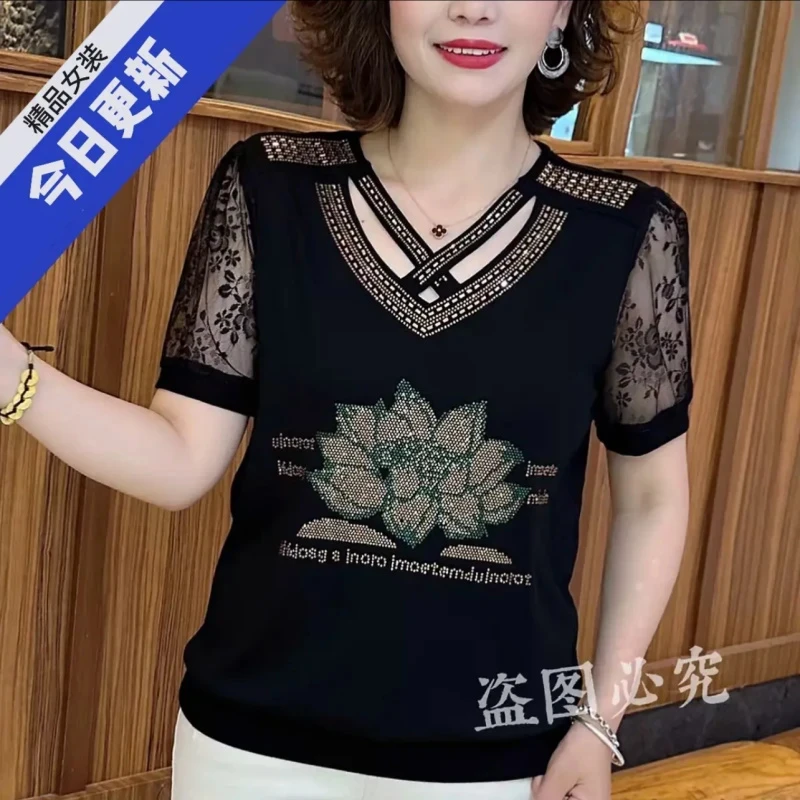 夏季2025新款时尚百搭T恤设计款女装上衣中老年烫钻洋气短袖X2114