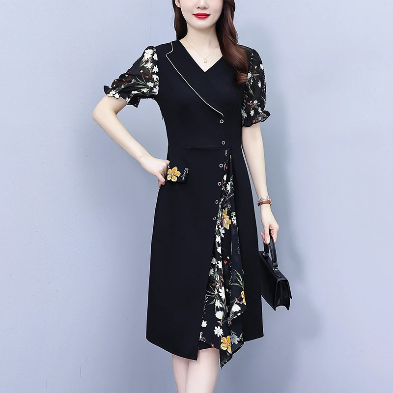 CD#8379 大码女装夏季新款胖mm西装雪纺碎花拼接时尚遮肚连衣裙