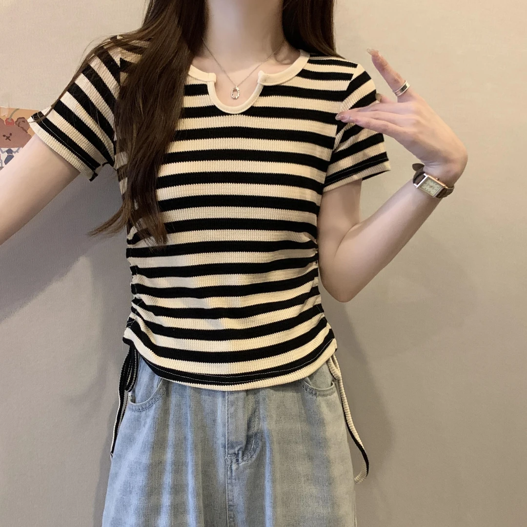 不规则条纹v领短袖t恤女夏季大码胖妹妹遮肚子显瘦抽绳正肩短款上