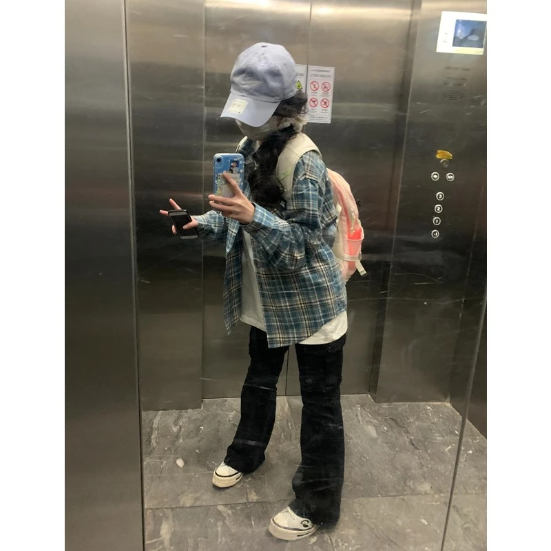 美式复古蓝色格子衬衫女叠穿小个子衬衣2025春季外穿格纹上衣外套