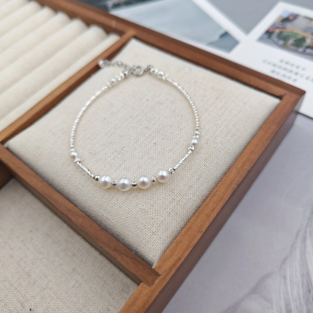 天然淡水珍珠手链女多层简约百搭气质银色手饰清新文艺学生