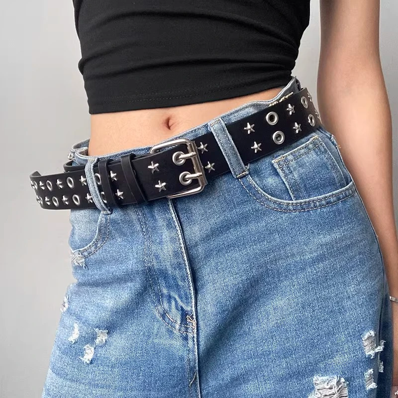 星星双排孔装饰皮带女2025新款美式复古设计感铆钉辣妹朋克风腰带