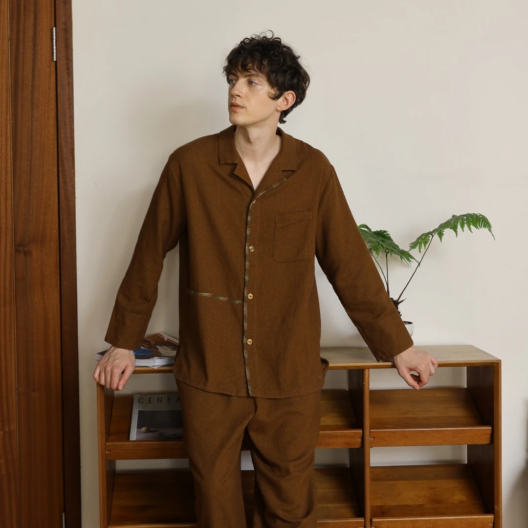 朵朵可可睡衣男2025秋冬新款纯棉提花简约小翻领长袖家居服CZ415